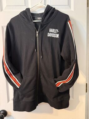 Harley-Davidson Rhinestone Logo Black Hoodie w/Orange and White Sleeve Stripes